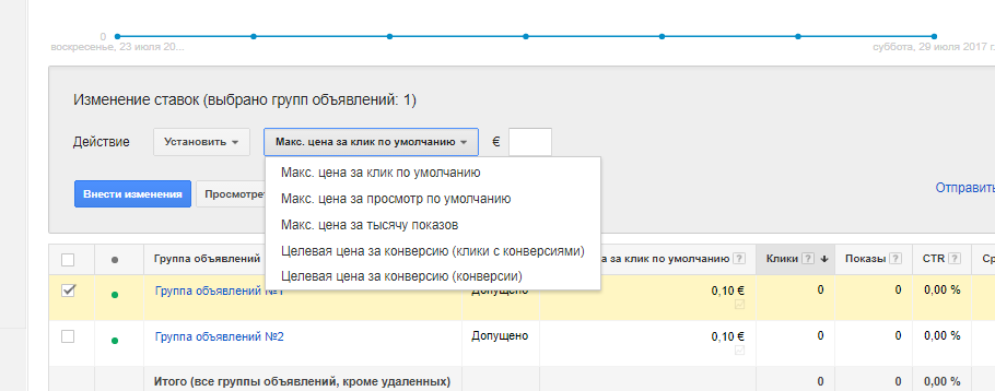Изменение ставок в Google AdWords